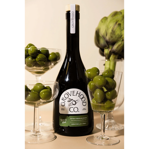 Grovehood Collective Italian extra virgin olive oil bottle with green olives