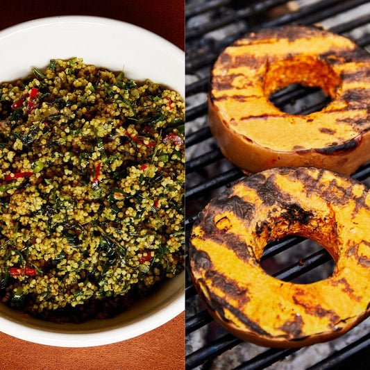 Pumpkin with miso butter, furikake with a Green couscous salad 