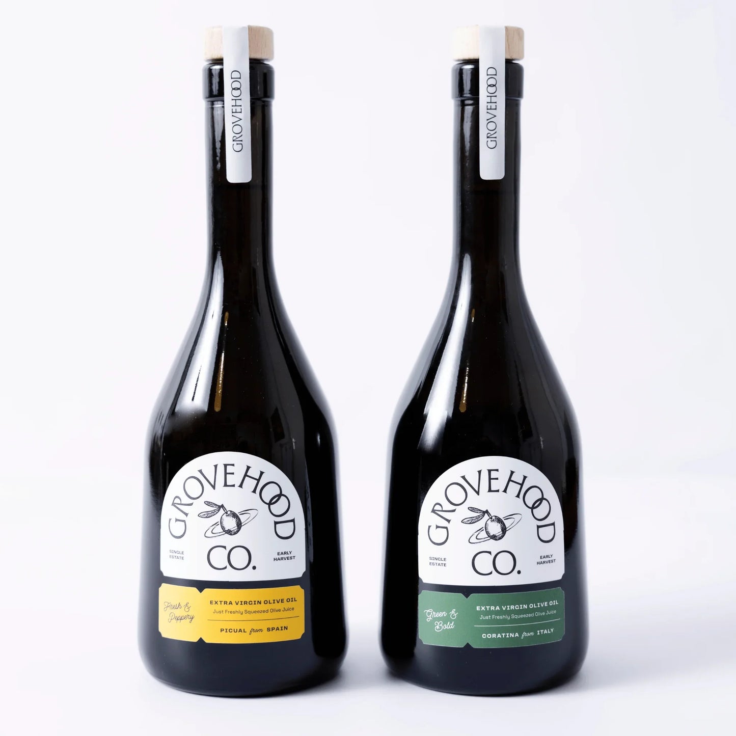 Grovehood Collective Italian & Spanish extra virgin olive oil bottles